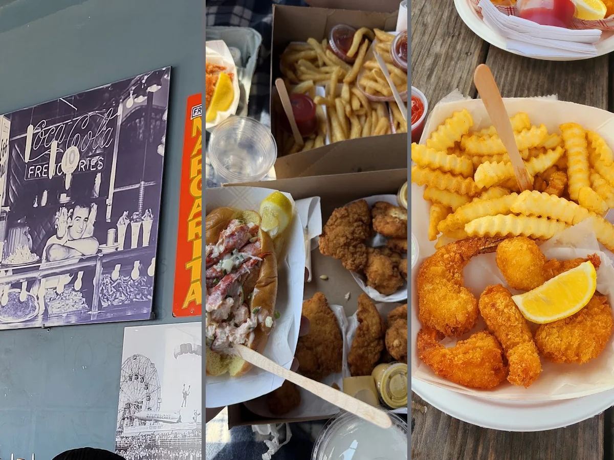 Outdoor tables beside a busy Brooklyn boardwalk.